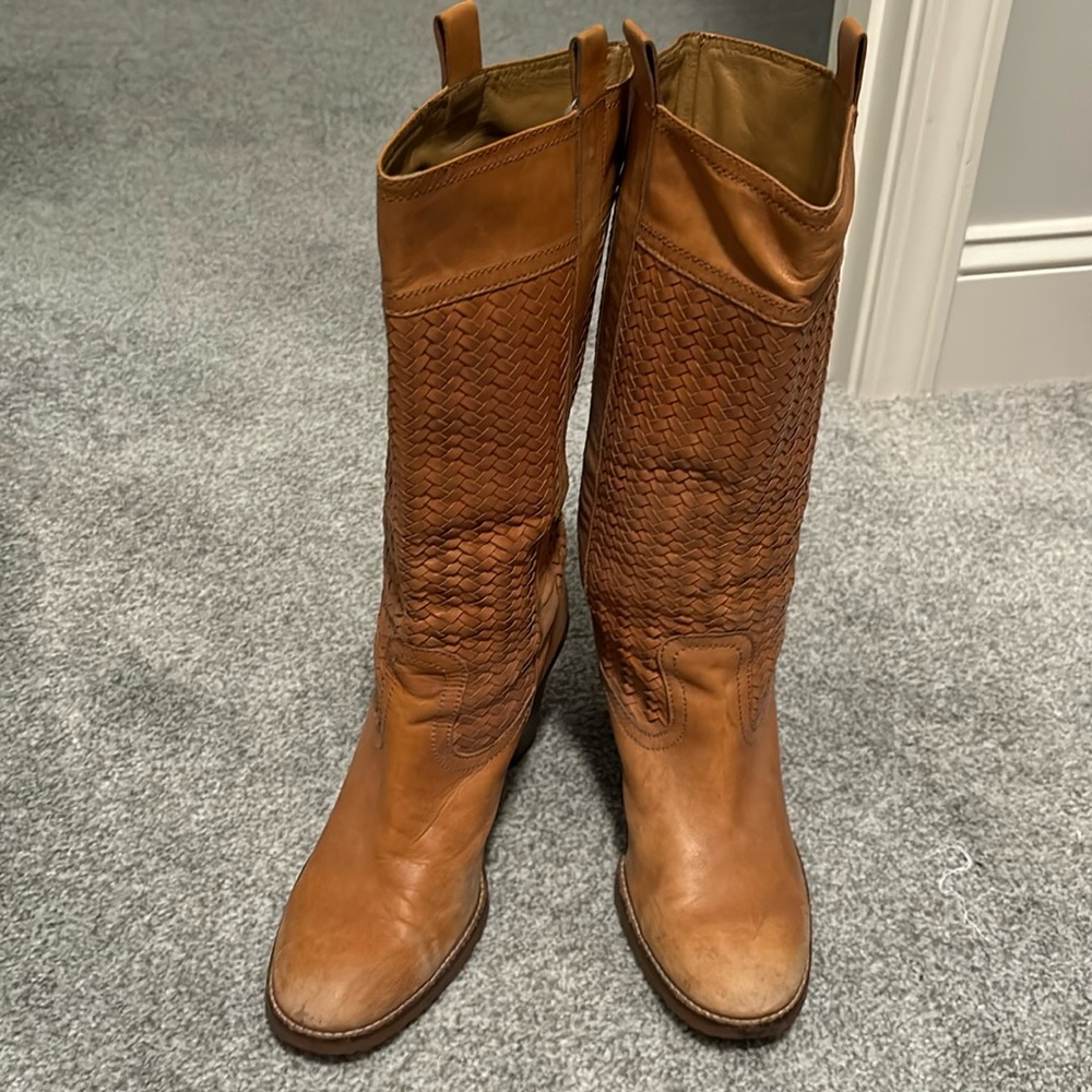 Cole Haan braided leather camel boots